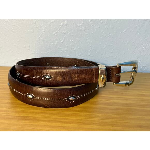 Brighton Denver Belt Size 32 Brown Leather Silver Tone Diamond Detail Western - Picture 1 of 7